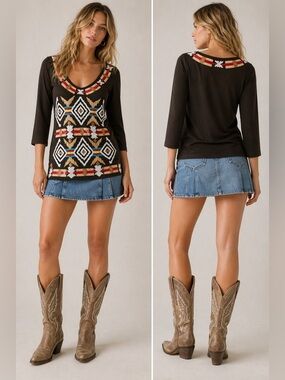 Boston Proper Sequin Western Aztec Top Boho Embellished Size M